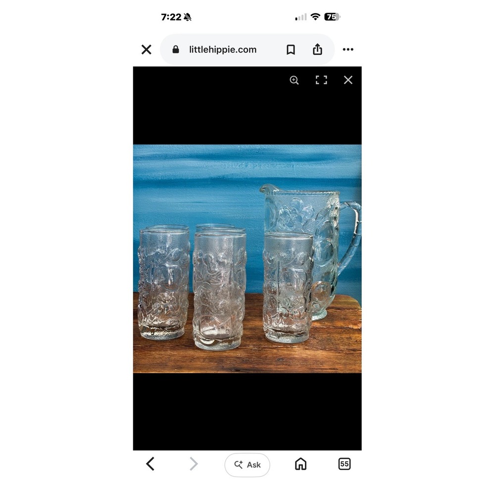 Vintage Libbey Orchard Fruit Glass Beverage Set Pitcher & 6 Tumbler Glasses MCM